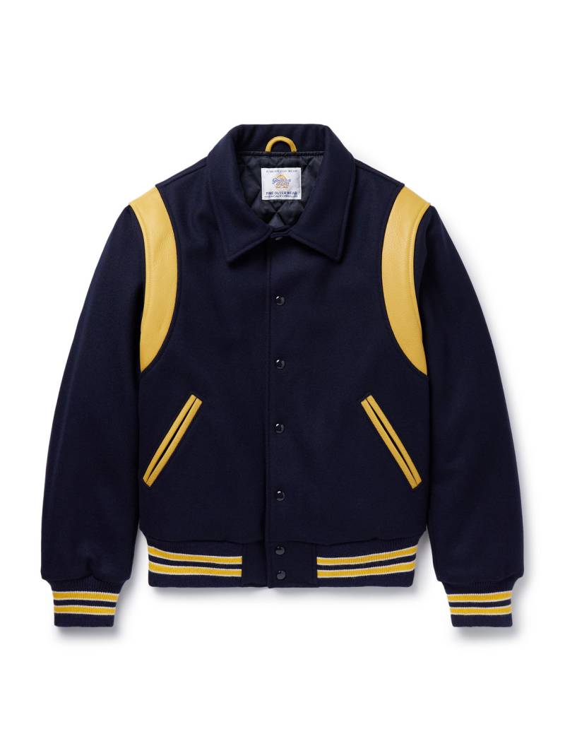 Golden Bear - Striped Leather-Trimmed Padded Wool-Blend Felt Varsity Jacket - Men - Blue - M von Golden Bear