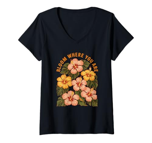 Damen Blühe wo du bist Tropische Hibiskusblüten T-Shirt mit V-Ausschnitt Damen Blühe wo du bist Tropische Hibiskusblüten T-Shirt mit V-Ausschnitt von Golden Bloom Co.