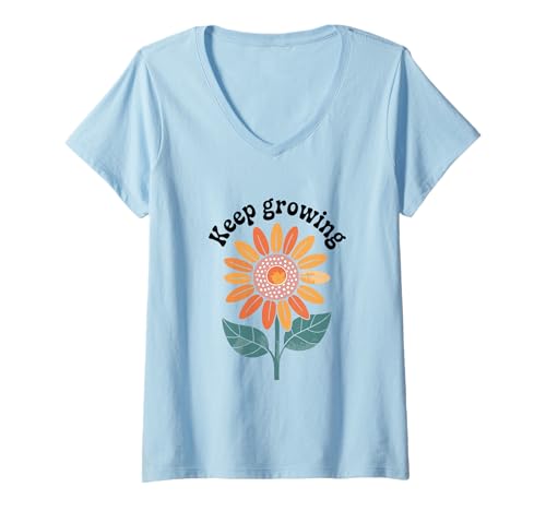 Damen Keep Growing Retro Sonnenblumen-Illustration T-Shirt mit V-Ausschnitt von Golden Bloom Co.