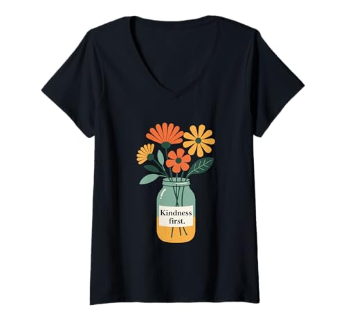 Damen Kindness First Einmachglas-Blumen im Retro-Look T-Shirt mit V-Ausschnitt von Golden Bloom Co.