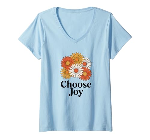 Damen Wählen Sie Joy Retro Gänseblümchen Cluster T-Shirt mit V-Ausschnitt von Golden Bloom Co.