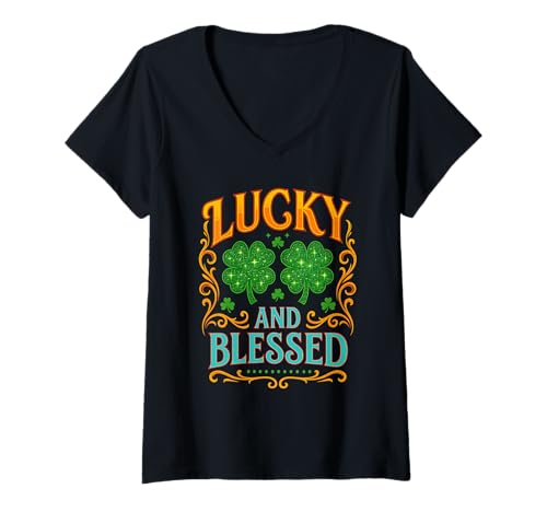 Damen Lucky and Blessed Shamrock Irish Festival T-Shirt mit V-Ausschnitt Damen Lucky and Blessed Shamrock Irish Festival T-Shirt mit V-Ausschnitt von Golden Clover Apparel