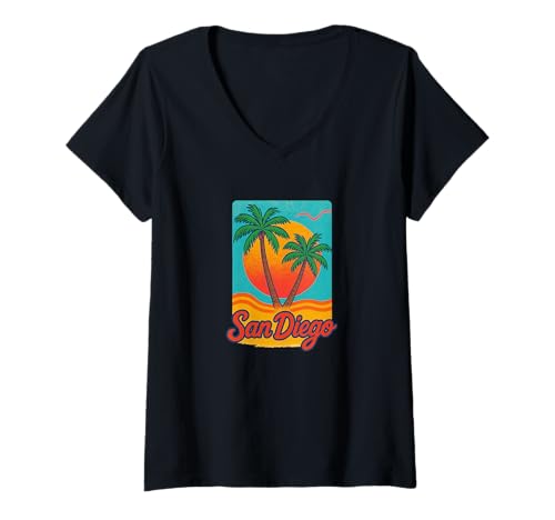 Damen San Diego Coastal Vintage Sun California Beach Vibes T-Shirt mit V-Ausschnitt Damen San Diego Coastal Vintage Sun California Beach Vibes T-Shirt mit V-Ausschnitt von Golden Coast Lifestyle Thread Art
