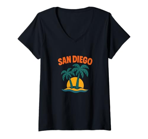 Damen San Diego Coastal Vintage Sun California Beach Vibes T-Shirt mit V-Ausschnitt Damen San Diego Coastal Vintage Sun California Beach Vibes T-Shirt mit V-Ausschnitt von Golden Coast Lifestyle Thread Arts