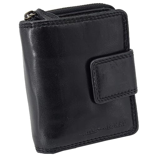 Geldbörse Damen Kurzer RFID Schutz Geldbeutel echtes Leder Für Frauen - Bequem Portemonnaie mit Viel Kartenfächer (Hill Burry Kollektion) (schwarz Waschleder) von Golden Deer