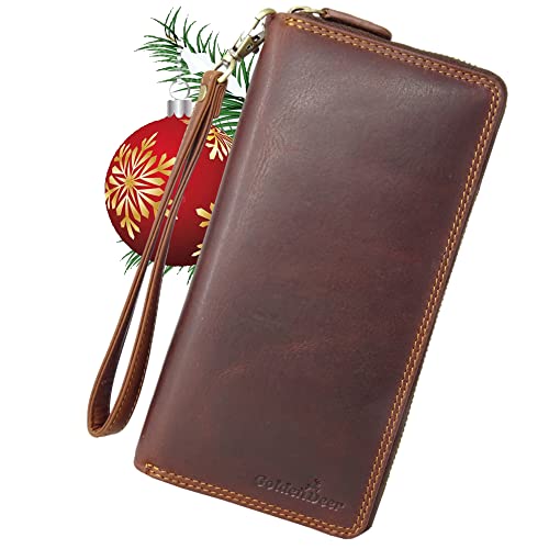 Golden Deer XL Geldbörse Frauen RFID Schutz Hochwertige Portemonnaie Leder Geldtasche Fach für Kleingeld mit Reißverschluss bis zu 15 Kartenfächer kleine Handtasche Geschenkbox Braun von Golden Deer