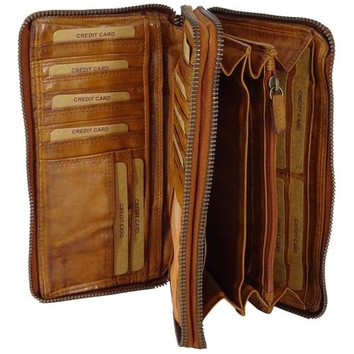 Hill Burry Geldbörse für Frauen | XXL Groß Leder Geldbeutel Doppelter Reißverschluss mit RFID | Portemonnaie langes Portmonee Damen | 27 Kartenfächer | 20x11x3,5cm (B x H x T) (Waschleder braun) von Golden Deer