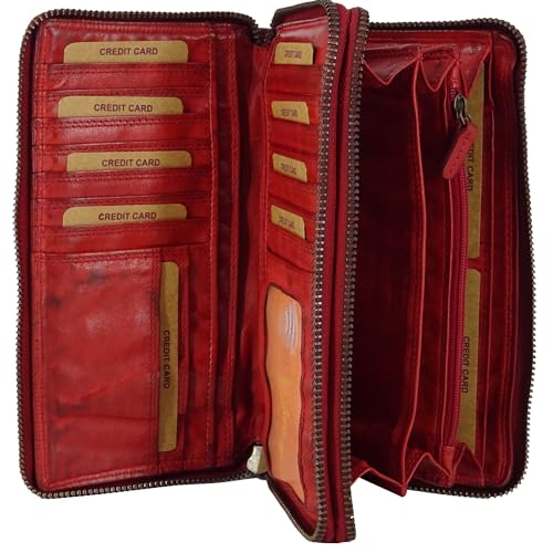 Hill Burry Geldbörse für Frauen | XXL Groß Leder Geldbeutel Doppelter Reißverschluss mit RFID | Portemonnaie langes Portmonee für Damen | 27 Kartenfächer | 20x11x3,5cm (B x H x T) (Waschleder rot) von Golden Deer