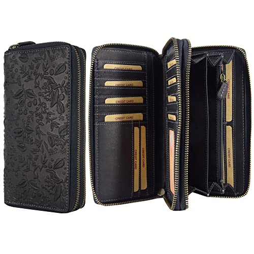 Hill Burry Geldbörse Frauen | XXL Groß Leder Geldbeutel Doppelter Reißverschluss mit RFID Schutz | Portemonnaie langes Portmonee für Damen | 27 Kartenfächer | 20x11x3,5cm (B x H x T) (Schwarz) von Golden Deer