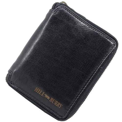 Portemonnaie Geldtasche Kartenetui Brieftasche Herren Frauen mit RFID | Geldbörse Portmonee Geldbeutel Herren Leder mit Metall Reißverschluss | Kartenportmonai Waschleder (schwarz) von Golden Deer