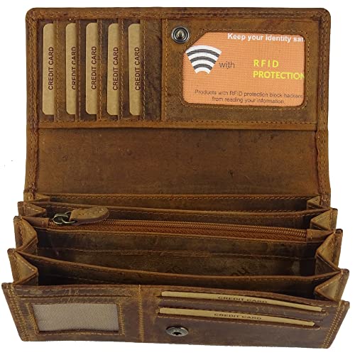 RFID Schutz Geldbörse Portemonnaie Portmonee aus Leder Frauen Damen Langbörse Geldbeutel Geldtasche (Hütmann Kollektion) (Braun) von Golden Deer