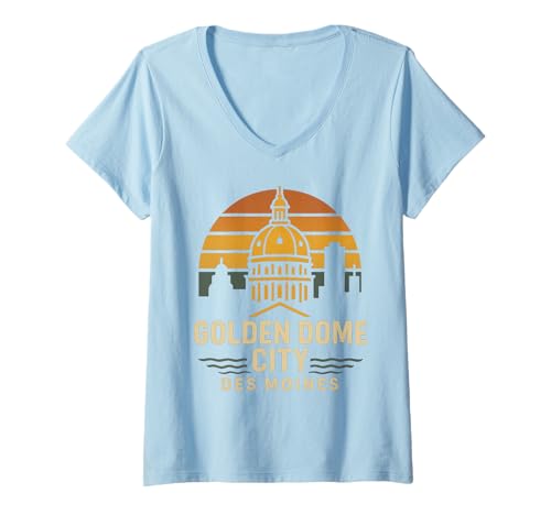 Damen Golden Dome Stadthemd des Moines Capitol Vintage Sunset T-Shirt mit V-Ausschnitt Damen Golden Dome Stadthemd des Moines Capitol Vintage Sunset T-Shirt mit V-Ausschnitt von Golden Dome City Tee Shirts for Iowa Locals
