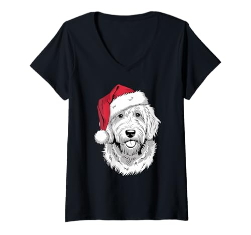 Damen Joyful Doodle Santa Dog auf Golden Doodle-Weihnachten T-Shirt mit V-Ausschnitt Damen Joyful Doodle Santa Dog auf Golden Doodle-Weihnachten T-Shirt mit V-Ausschnitt von Golden Doodle Christmas for kids, women & men