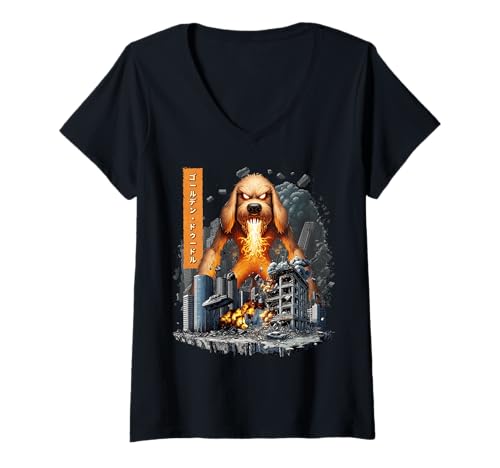 Damen Lustiger Goldener Doodle Hund Goldendoodle Kaiju Monster Japanisch T-Shirt mit V-Ausschnitt Damen Lustiger Goldener Doodle Hund Goldendoodle Kaiju Monster Japanisch T-Shirt mit V-Ausschnitt von Golden Doodle Dog Kaiju Monster Clothing