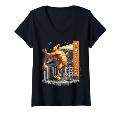 Damen Lustiger Golden Retriever Hund Kaiju Monster Japanisch T-Shirt mit V-Ausschnitt Damen Lustiger Golden Retriever Hund Kaiju Monster Japanisch T-Shirt mit V-Ausschnitt von Golden Retriever Dog Kaiju Monster Clothing
