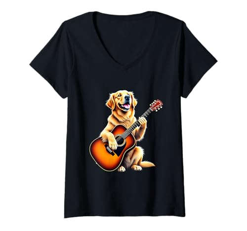 Damen Lustiges Golden Retriever spielt Gitarre Design für Musikliebhaber T-Shirt mit V-Ausschnitt Damen Lustiges Golden Retriever spielt Gitarre Design für Musikliebhaber T-Shirt mit V-Ausschnitt von Golden Retriever Dog Lovers Designs