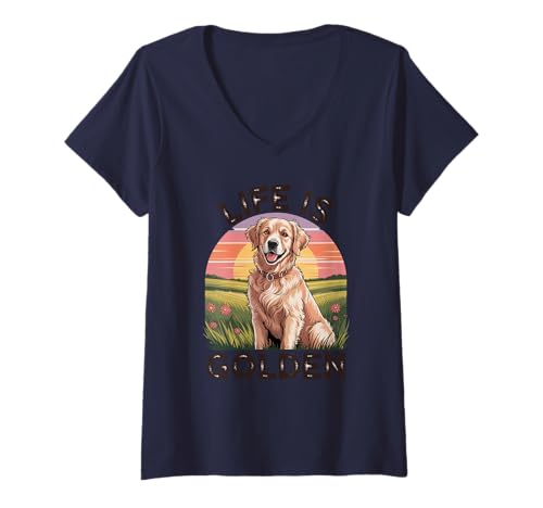 Damen Golden Retriever Hund Papa Tierarzt Life Is Golden Dog Mom T-Shirt mit V-Ausschnitt von Golden Retriever Dog Store