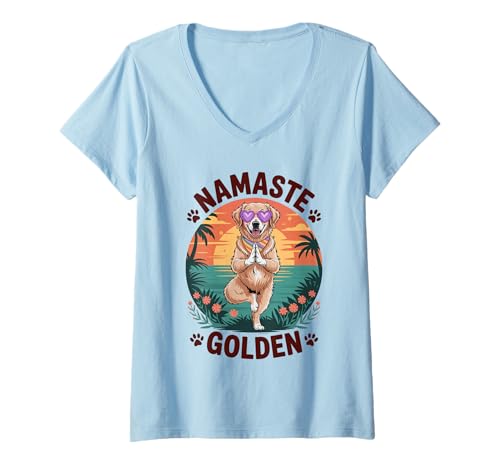 Damen Golden Retriever Hund Papa Tierarzt Namaste Golden Dog Mom T-Shirt mit V-Ausschnitt von Golden Retriever Dog Store