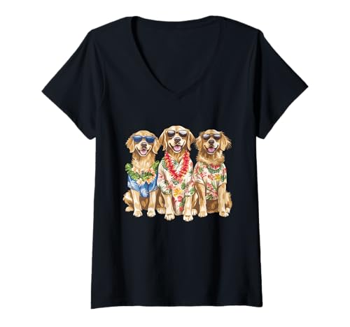 Damen Hawaiian Golden Retriever Hunde Tropische Blume Lei Süße Hunde T-Shirt mit V-Ausschnitt von Golden Retriever Dogs Hawaiian Hibiscus Flower Lei