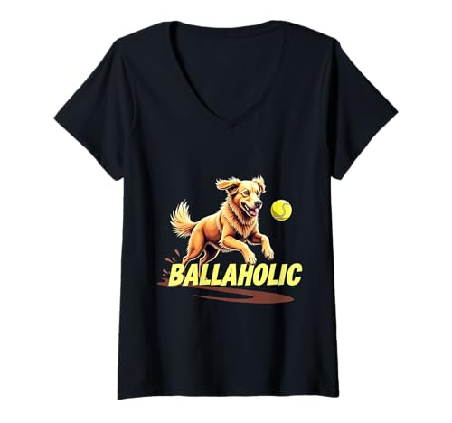 Damen Lustiger Ballaholic Golden Retriever Hund Jagdball T-Shirt mit V-Ausschnitt Damen Lustiger Ballaholic Golden Retriever Hund Jagdball T-Shirt mit V-Ausschnitt von Golden Retriever Fun Designs