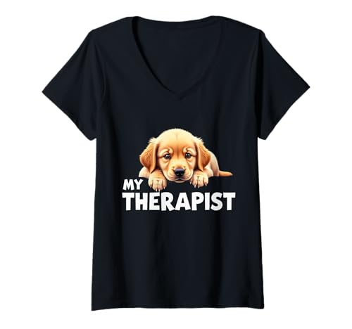 Damen Lustiger Welpe My Therapist Golden Retriever Hund T-Shirt mit V-Ausschnitt von Golden Retriever Fun Designs