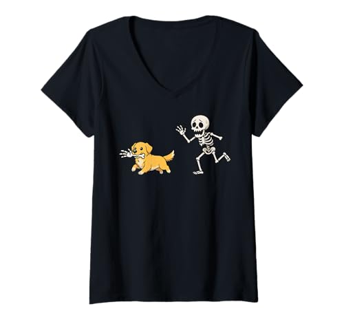 Damen Golden Retriever Skelett Hand Halloween T-Shirt mit V-Ausschnitt Damen Golden Retriever Skelett Hand Halloween T-Shirt mit V-Ausschnitt von Golden Retriever Gruselig Halloween Lustig Kostüm