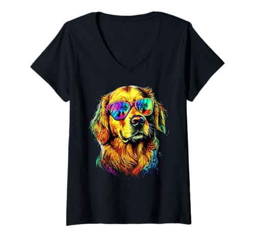 Damen Golden Retriever mit Sonnenbrille Hund Motiv Ich Liebe Hunde T-Shirt mit V-Ausschnitt von Golden Retriever Motiv für Frauchen & Herrchen