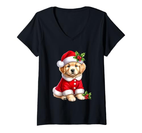 Damen Weihnachts-Golden Retriever-Welpe, Weihnachtsmann T-Shirt mit V-Ausschnitt Damen Weihnachts-Golden Retriever-Welpe, Weihnachtsmann T-Shirt mit V-Ausschnitt von Golden Retriever Puppy Christmas Santa Hat