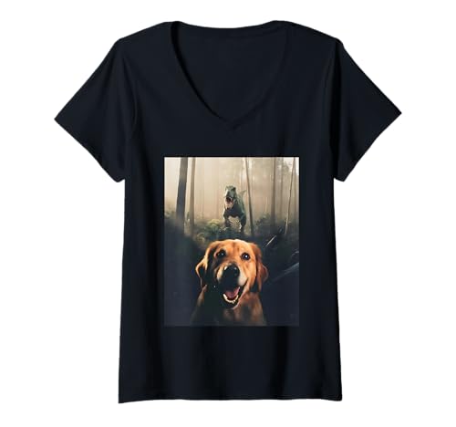 Damen Hund-T-Rex Selfie T-Shirt mit V-Ausschnitt Damen Hund-T-Rex Selfie T-Shirt mit V-Ausschnitt von Golden Retriever Selfie T Rex