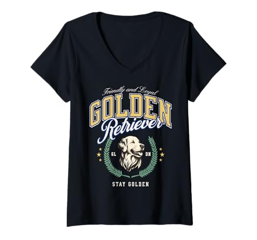 Damen Golden Retriever Vintage Preppy Akademiker Ivy-League Adrett T-Shirt mit V-Ausschnitt Damen Golden Retriever Vintage Preppy Akademiker Ivy-League Adrett T-Shirt mit V-Ausschnitt von Golden Retriever Social Club Preppy Collegiate