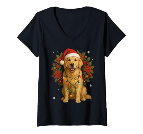 Damen Golden Retriever Weihnachtskranz für Hunde T-Shirt mit V-Ausschnitt Damen Golden Retriever Weihnachtskranz für Hunde T-Shirt mit V-Ausschnitt von Golden Retriever XMAS Pajama Mistletoe Santa Dog