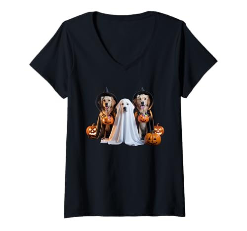 Damen Golden Retriever Halloween Hunde in Kostümen Süßes oder Saures T-Shirt mit V-Ausschnitt Damen Golden Retriever Halloween Hunde in Kostümen Süßes oder Saures T-Shirt mit V-Ausschnitt von Golden Retriever costume