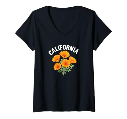 Damen Text im kalifornischen Distressed mit Aquarellmohnblumen T-Shirt mit V-Ausschnitt von Golden State Vintage Aesthetic Apparel