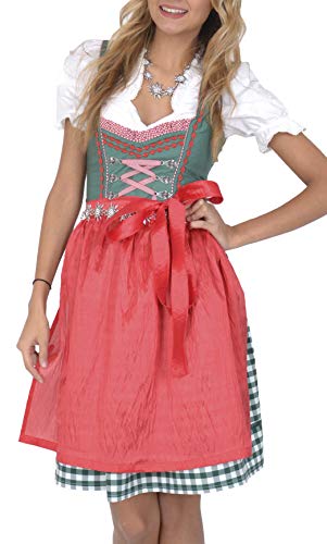 Dirndl Set Trachtenkleid 385GT Tannengrün Rot Gr 34 36 38 40 42 34 von Golden Trachten