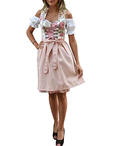 Golden Trachten Dirndl 3 TLG, Damen Midi Trachten-Kleid für Oktoberfest, Rosa Grün geblümt, 514GT (42) von Golden Trachten