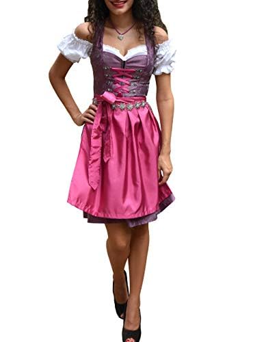 Golden Trachten-Kleid Dirndl Damen 3 TLG, Midi für Oktoberfest, mit Schürze und Bluse 486GT,Lila,34 von Golden Trachten