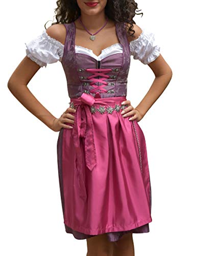 Golden Trachten-Kleid Dirndl Damen 3 TLG, Midi für Oktoberfest, mit Schürze und Bluse 486GT,Lila,40 von Golden Trachten