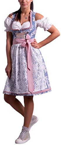 Golden Trachten-Kleid Dirndl Damen 3 TLG, Midi für Oktoberfest, mit Schürze und Bluse Fernblau geblümt 536GT (36) von Golden Trachten