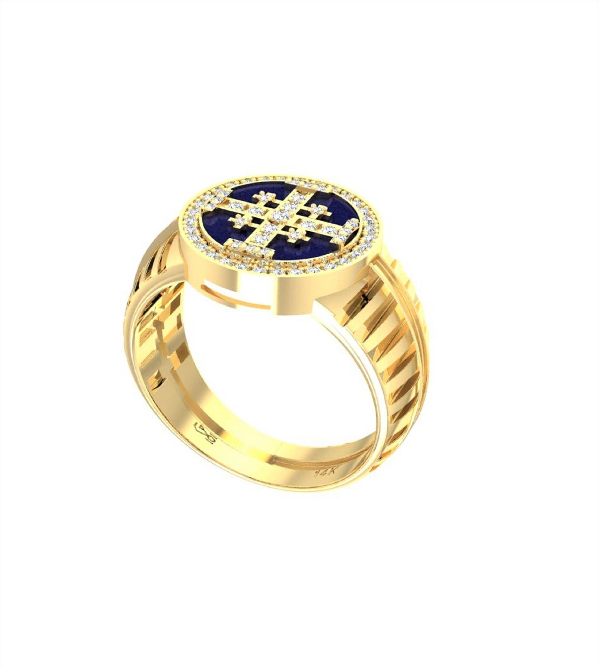 14K Gold Jerusalem Cross Ring, 57 Echte Natürliche Diamanten 0.37 Tcw, Kreuzritter Emaille Herrenring Pinky, Made in Israel von GoldenAge101