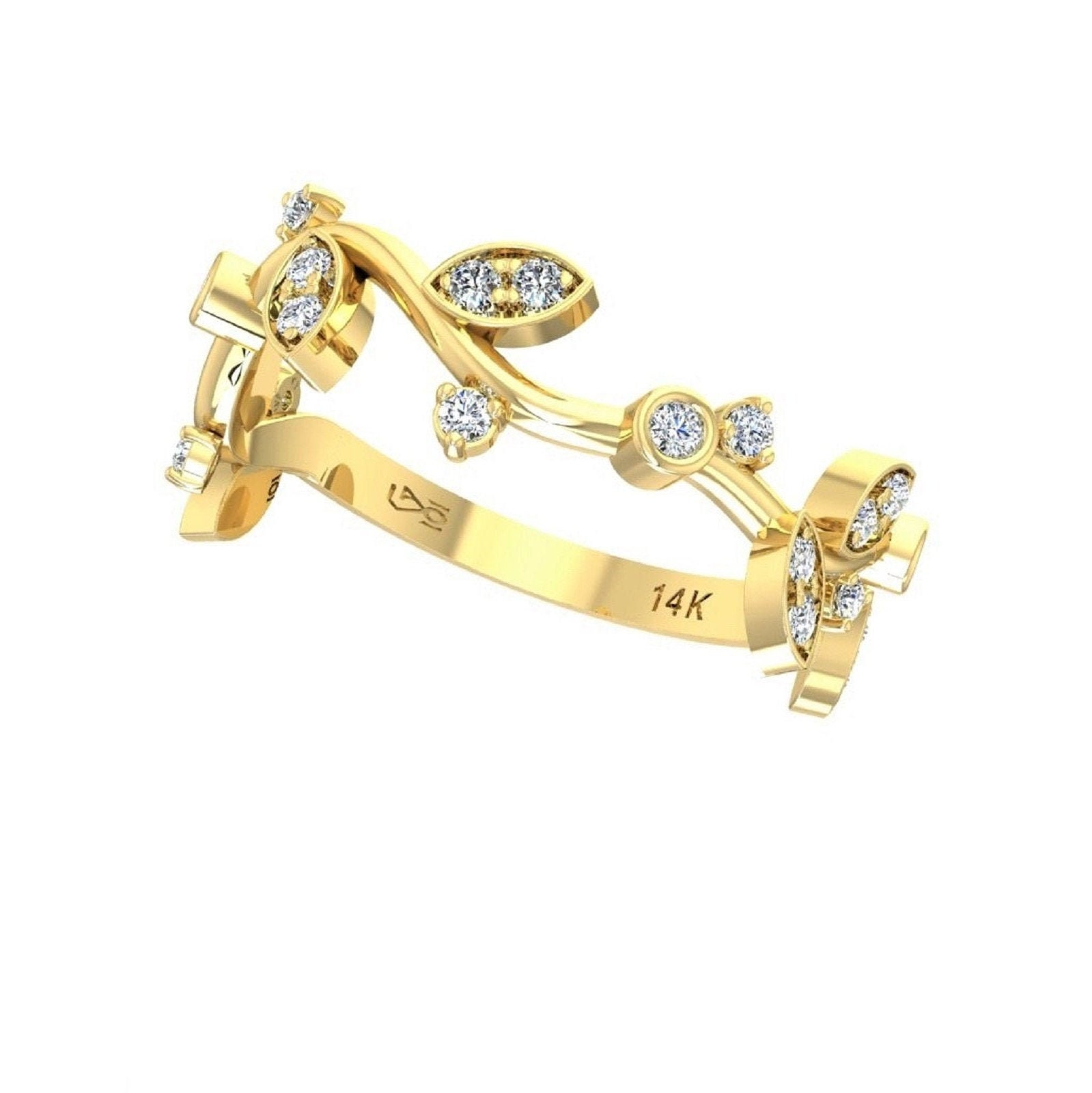 Diamant-Rebenblatt-Ring, 25 Natürliche Diamanten 0, 27 Tcw, 14K Gold, Zierlicher Goldring, Daumenring, Midi-Ring, Goldrebenring Made in Israel von GoldenAge101