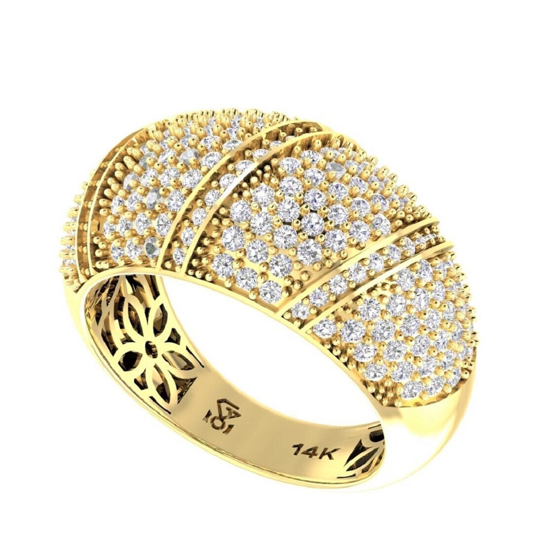 Massiver 14K Gold Breiter Pave Diamant Gerippter Kuppelring, 197 Echte Natürliche Diamanten 1.77 Tcw, Gewölbter Ring, Cocktailring, Made in Israel von GoldenAge101