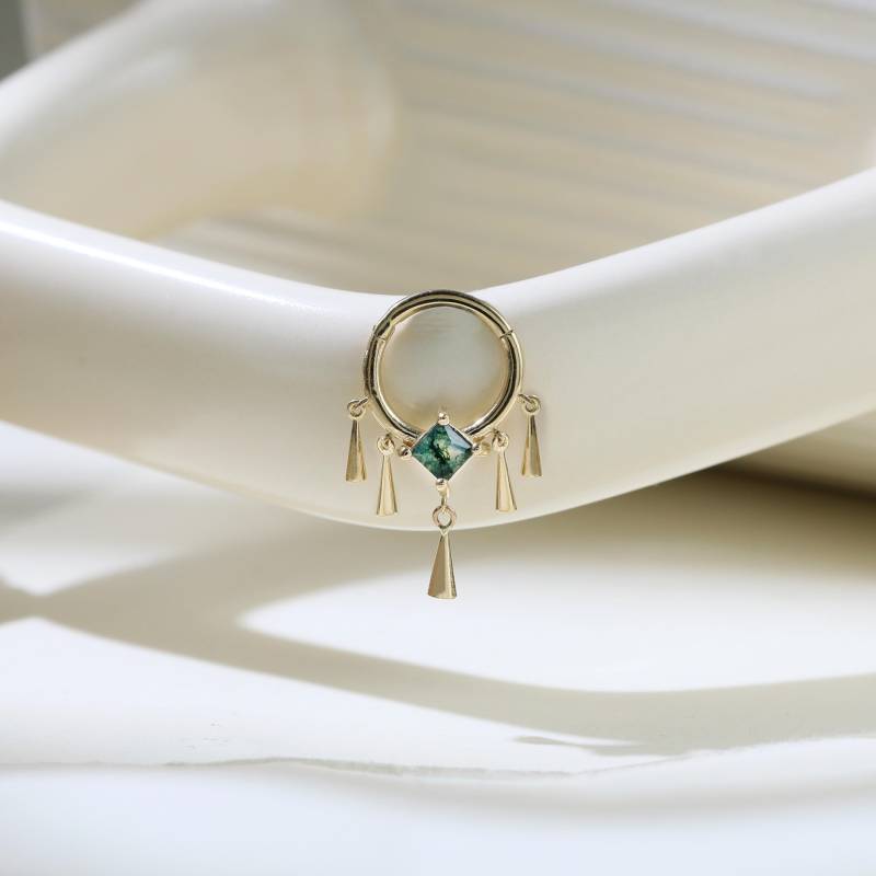 14K Solid Gold Moos Achat Scharnier Clicker Nahtlose Nase Ring Baumeln Edelstein Knorpel Ohrring Helix Huggie Hoop Septum von GoldenAuraPiercings