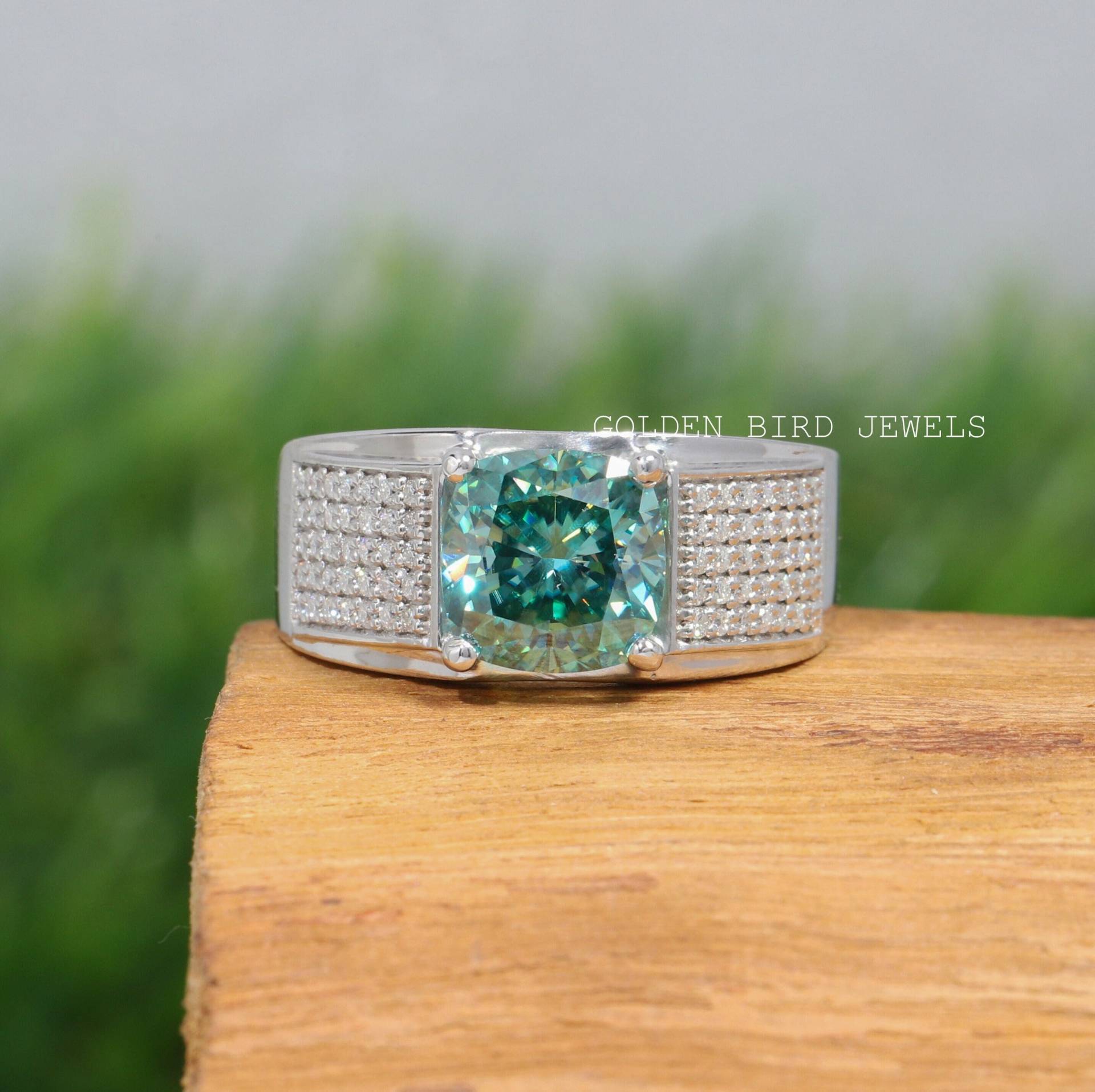 Kissen Moissanite Ehering/Blauer Vorschlag Ring Akzent Set Jubiläumsring 14K Solid Gold Verlobungsring von GoldenBirdJewellery