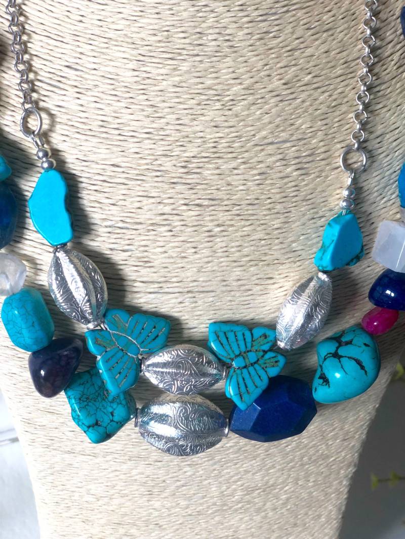 Mehrfarbige, Multi Edelsteine, Zwei Stränge Statement Designer Halskette Mehrfarbige, Multi Edelsteine, Zwei Stränge Statement Designer Halskette von GoldenCityJewels