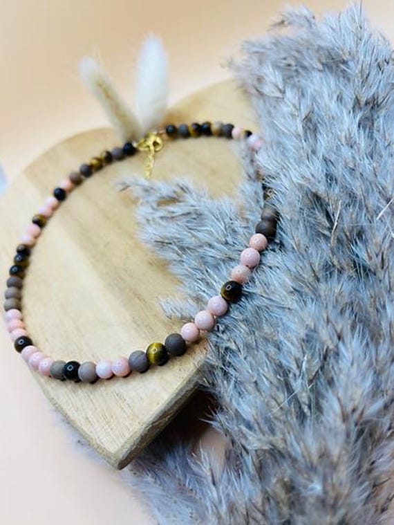 Halskette "Freigeist" Baryt Tigerauge Collier Versteinertes Holz Rosé Edelstein Schmuck Kette Mit Verlängerung Stainless Steel von GoldenEagleMala
