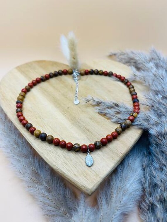 Halskette "Kraft Der Erde" Jaspis Collier Rot Braun Edelstein Schmuck Kette Mit Verlängerung Stainless Steel Blatt Silber von GoldenEagleMala
