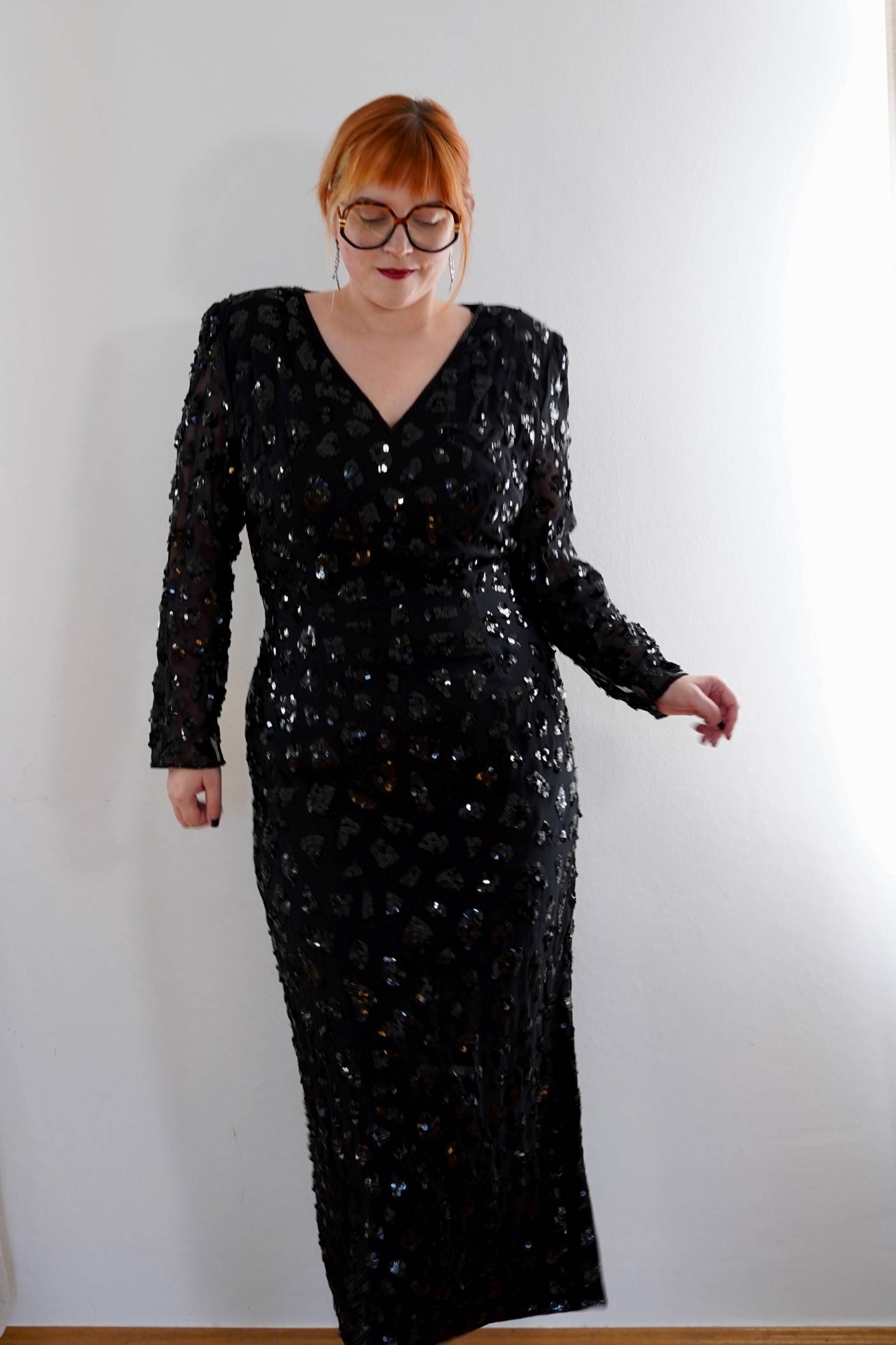 16-18 | Frank Usher Vintage Pailletten Glitzer Party Abiball Kleid Schwarz von GoldenGirlClothing