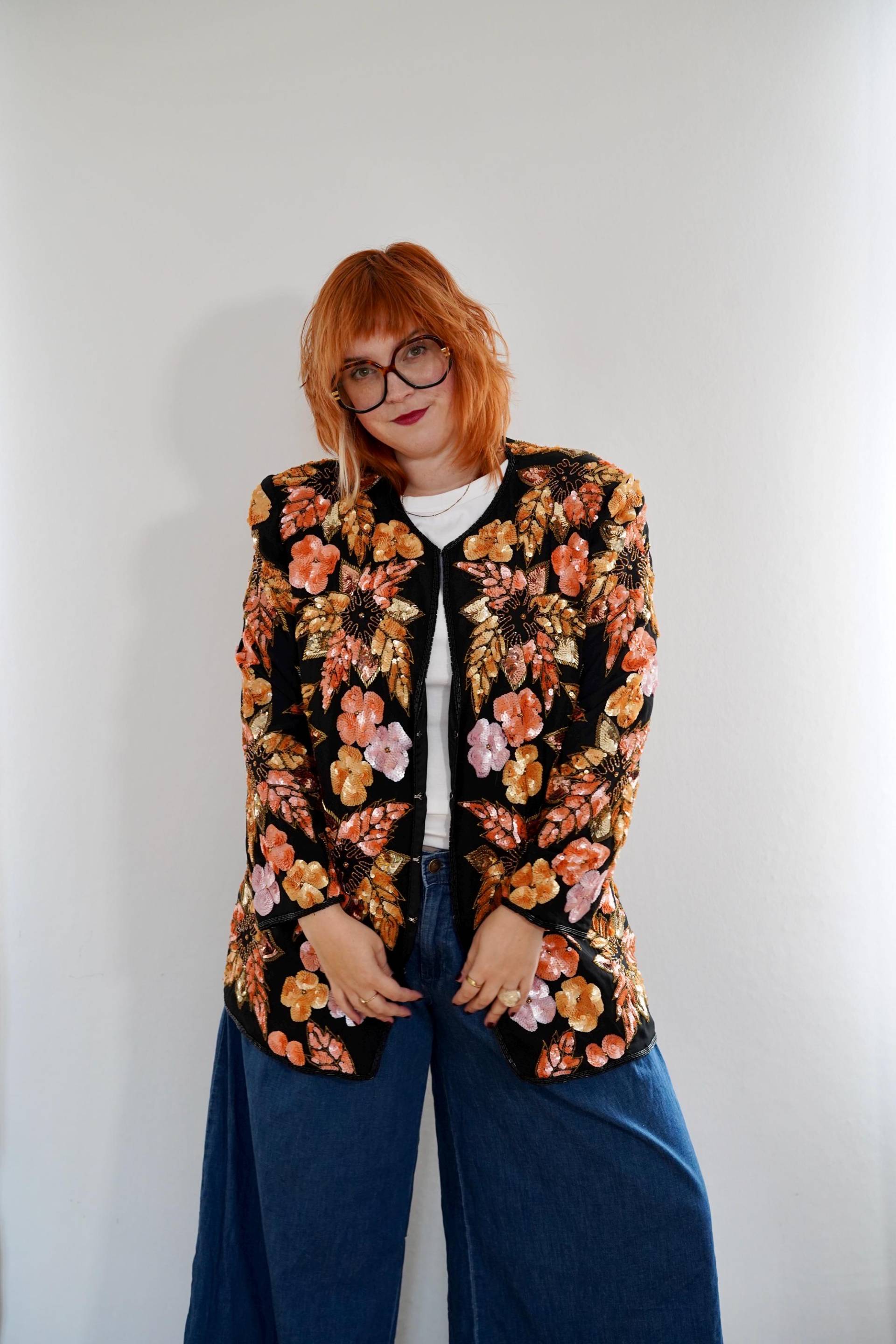 16-18 | Frank Usher Vintage Perlenblumen Jacke, Schwarz, Orange, Pink von GoldenGirlClothing