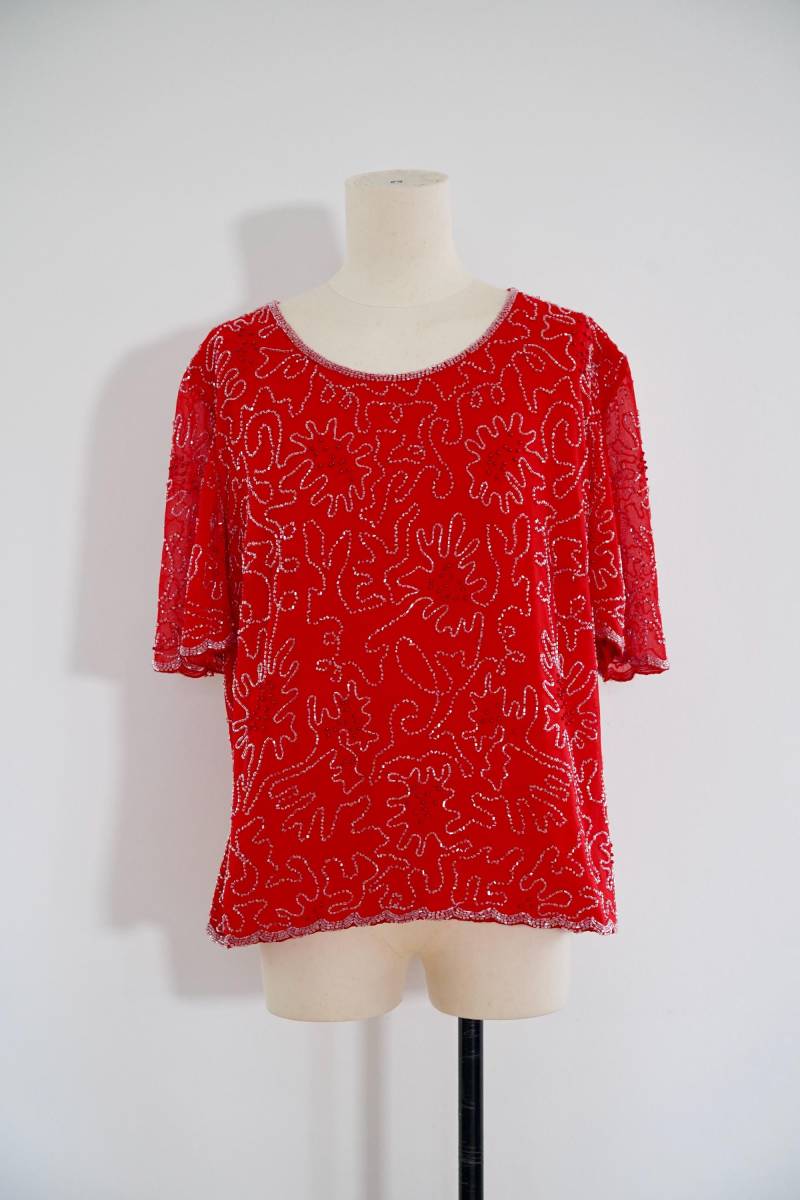 1990S Frank Usher Vintage Hemd Gr L-xl Rot Rosa Weiß Mit Perlenstickerei von GoldenGirlClothing