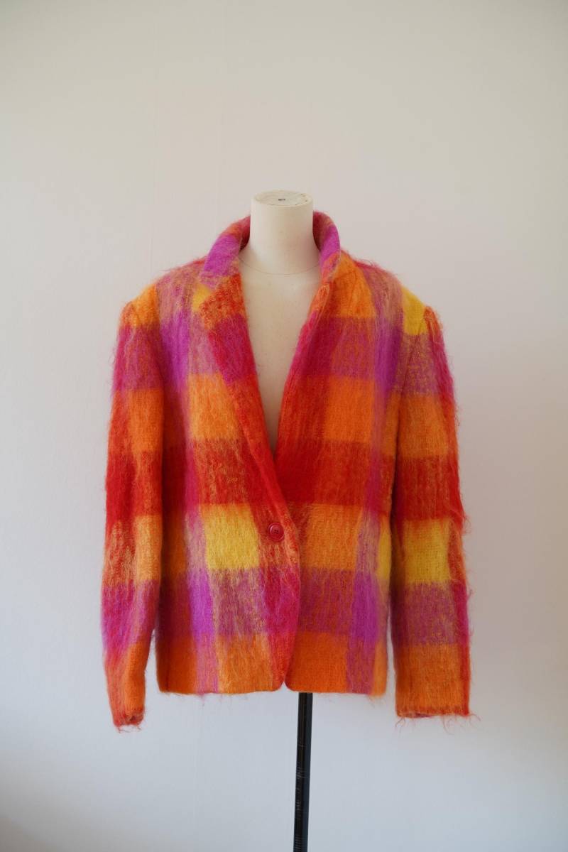 L | 1980Er Jahre Mohair Kaschmir Jacke Mondi Neon Pink Orange Gelb von GoldenGirlClothing